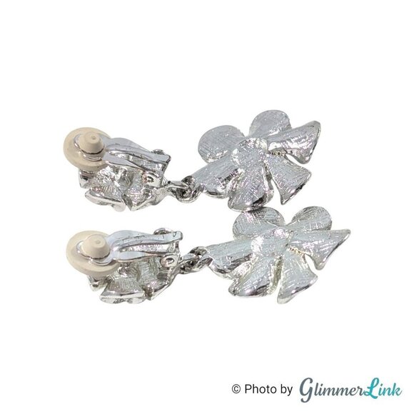 Vintage Silver Tone Green Cabochon Floral Dangle Clip On Earrings Statement - Picture 7 of 7